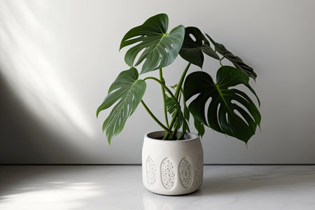 Rhaphidophora Tetrasperma or Mini Monstera contemporary houseplants in ceramic containers white wall for copy space minimally inventive home design conceptの素材