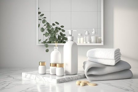 Illustration of a white marble countertop with towels a shampoo bottle and an empty mockup space for your product display against a background of a hazy spotless bathroomの素材