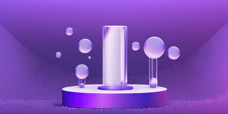 pedestal abstract geometric empty cylindrical stage for an awards ceremony platform for a product presentation pedestal with soap bubbles or water drops on a purple background. Banner with a realisの素材