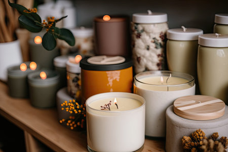 Many soy wax candles decorate a store. potteries. eco-business and vegan. soy candle accessories. lovingly handcrafted. workspace online store and remoteの素材