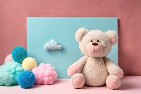 teddy bear cloud toy figure near painted wall on pastel baby background in light blue and pink. Greeting card with a baby as the subject. Text spaceの素材