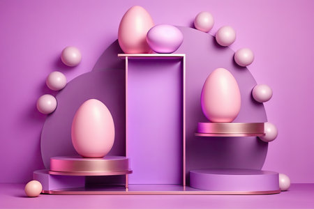 violet colored podium a pink background with Easter eggs. neon lights and hues. a contemporary platform for cosmetic and product presentations. A faux Easter. platform or pedestal for cosmeticsの素材