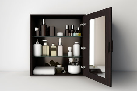 An open dark brown bathroom cabinet with toiletries and cosmetics has a clipping path on a white tiled wallの素材