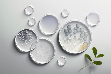 White backdrop with petri dishes. Organic skin care products biomedical skincare studies and natural pharmaceuticals. Flat top down perspective. Glassware for use in laboratories. Ideas in Scientifの素材