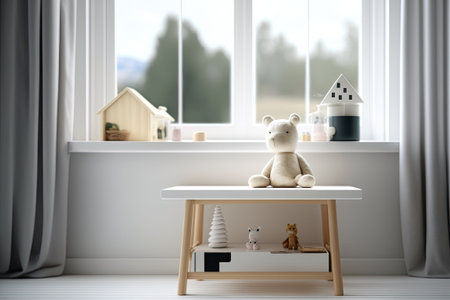 Close-up of a wooden vintage table top or shelf with a zen-like atmosphere a modern childs bedroom with a single bed toys and a large window white interior architecture and an illustrationの素材