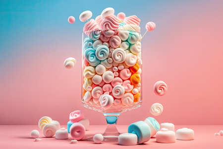 With a pastel pink background a full glass of candies sweets and marshmallows. Countless fluffy marshmallows in all hues and forms. Party treats. The idea of being dependent on sugarの素材