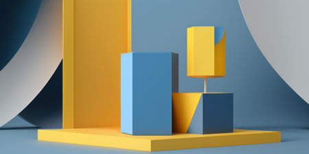 an abstract prototype scene podium background with a simple blue color and yellow geometric shape for product presentationsの素材