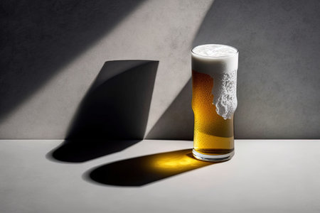 Top shot of beer glass and shadows on a gray concrete background with copy space conceptual minimalist flat layの素材