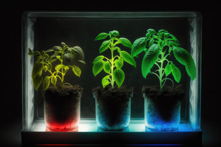 Tomato mint and other plant seedlings in plastic containers on black dirt on a windowsill illuminated by an LED lamp strip solar spectrum and kept at a constant humidity and temperatureの素材