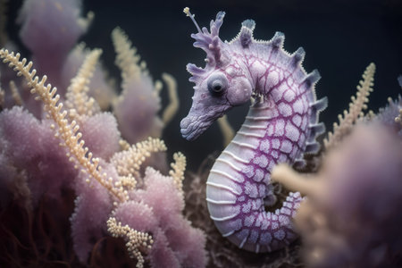 Underwater macro photograph of a lavender Thorny Seahorse (Hippocampus histrix) resting on the seafloor shot while scuba diving in Indonesiaの素材