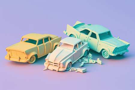 We meet on February 15 2020 in Izhevsk Russia. Pastel colored background with wrecked toy vehicles. Vehicle collision involving three vehicles and insurance for such events. Auto racing on a tracの素材