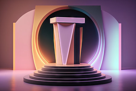 futuristic cyber stage with neon lit podium for product presentation with a background of pastel colorsの素材