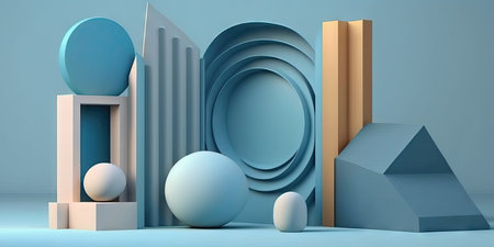 abstract background and podium in a simple setting. geometrical form. scene in pastel shades of blue. very little. scene with a blue background and geometric shapesの素材