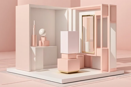 studio space that is abstract and has a podium. Platform in white and pastel pink with a backdrop of rectangles. A contemporary minimalistic setting for the display of cosmetics. Display cabinet shoの素材