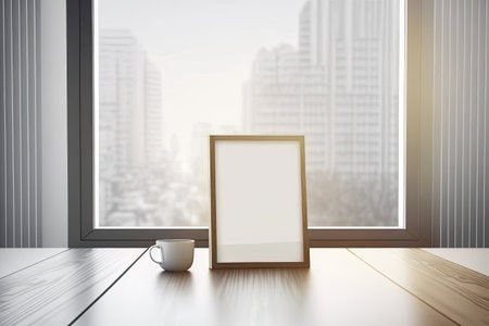 Use this blank wooden tabletop and blurred glass window wall banner mock up as an abstract backdrop for your next product presentation or photo shootの素材