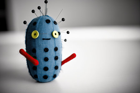 a voodoo doll esque cucumber with quirky pins inserted into it. Still life photography with minimal color and lightingの素材