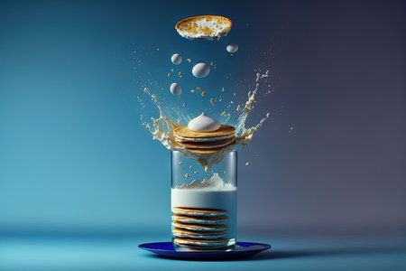 Ash Wednesday. pancakes in a levitating stack with milk and honey. Milk splashed out of the glass against a blue background. gravity and levitation. cooked breakfastの素材