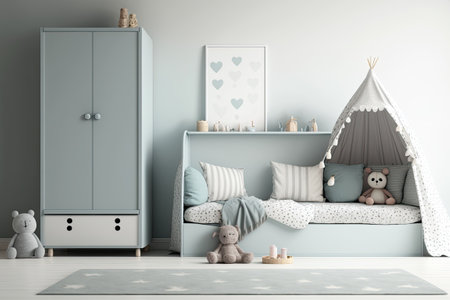 bare gray wall in a contemporary kids room. interior design mockup in a modern Scandinavian design. Copy area for your poster image or artwork. Bedside table. cozy space for childrenの素材