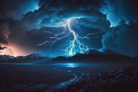 A dramatic night sky filled with dark clouds and flashes of lightning. Ambient nighttime mountainous terrain. Lightning and thunder produce bright flashesの素材