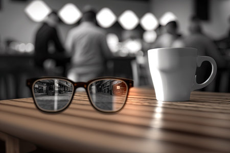 Clear brilliant light on a wood table with a blurred coffee shop background in the distance. Prototype of a product display montageの素材