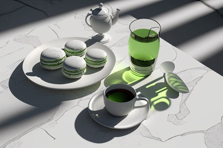 Tea time herbal tea and macarons for dessert at a stylish outdoor breakfast on the terrace beneath the cover of hard modern shadows. A sweet dessert and a cup of herbal tea represent a natural susの素材