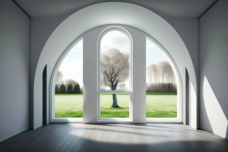 A white minimalist space in a contemporary classical style overlooking the outdoors. It has an arch shaped window and oak floors and it looks out over a beautiful lawn and gardenの素材