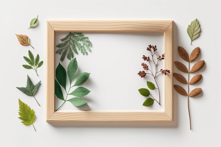 A white textured background with vegetation shadows surrounds an empty wooden photo frame with a passepartout. Flatlay. Copiesの素材