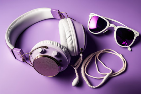 Artistic low key still life Sunglasses and stereo headphones on a lilac gradient. Among the young hipster accessoriesの素材