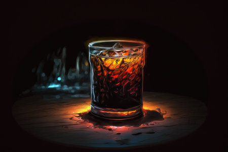 An American glass filled with ice cold beer sits on a dark table while a ring of light glows behind itの素材