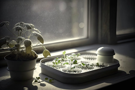 An image of young seedlings getting set to enter the greenhouse. In the background it looks like spring. Springtime seedlings displayed on the window sill. A plastic dish full of seedlingsの素材