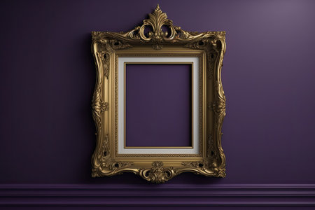 An antique art fair frame on a royal purple museum or auction house wall. Blank prototype design template with white copyspaceの素材