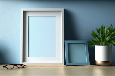 Frame mockup on wooden desk or shelf. Blue plaster wall background with copy space interior design template illustrationの素材