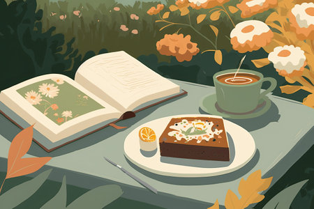 Flowers a pastry a hot drink and some reading material set out in the garden in the fall. Image of a relaxing vacation lounging in a garden reading a book eating breakfast outside. Scene from aの素材