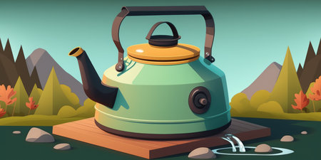 Because it is portable and practical the hot water kettle has steam flowing out of it after being placed on the gas stove to boil water for drip coffee for friends who are camping togetherの素材