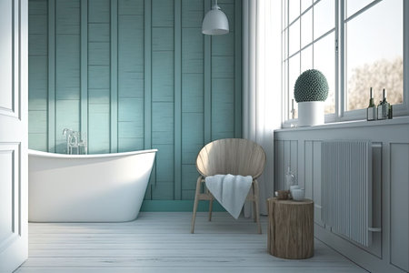 Bathroom front view. Large wooden wall segment. Nearby bathtub. Small chair towel. Mockup. Image tonedの素材