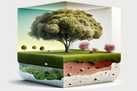 Isolated against a beautiful sky a cube of garden grassland with trees a soil geology cross section and a ground ecologyの素材