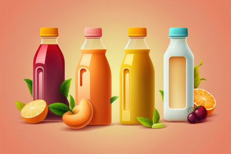 Healthy detox juice in plastic bottles on soft orange background. Colorful bottles. Healthy organic drink. Different tastesの素材