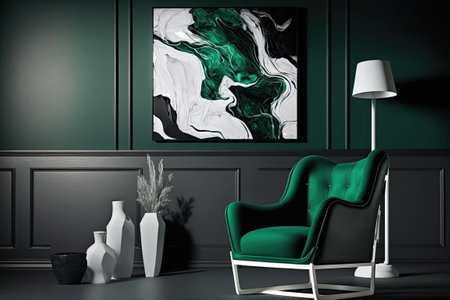 Armchair in a deep dark shade of green called malachite. White background with a white modern designer chair. Fabric seatの素材