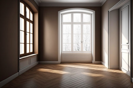 Brown walls glossy parquet flooring a large full-wall window a white door and a window across from it characterize this empty room. Interior Idea. Windows-based Work Path drawing. 7680x4320 in 8K Ultra HDの素材