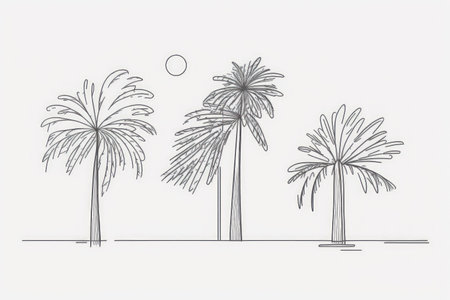 High southern palms are drawn in one continuous line. One isolated minimalist illustration cartoon character flat created by oneの素材