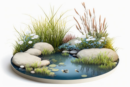 Flat styled image of a small blue decorative pond with white water lilies bulrush plants stones and fish isolated on a white oval water reservoir for use in landscapingの素材