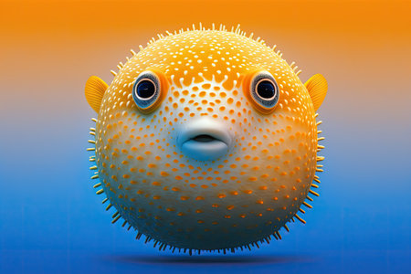 Big round orange eyes on a white and orange pufferfish on a yellow backdrop. Use the blending tool in your design softwareの素材