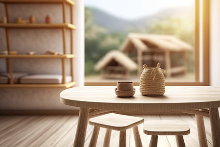 Empty wooden table desk or shelf with hazy view of boho children bedroom with rattan furniture modern interior design concept drawingの素材