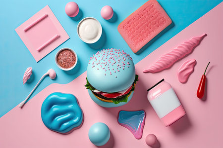 Ingredients for a burger with a pink background. Innovative plan. The aesthetic of mass produced plastic pop art. Minimalismの素材