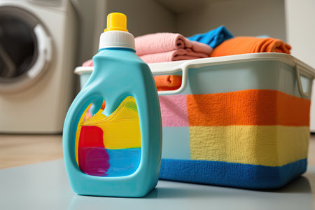 Laundry prep. A basket of multicolored clothes sits next to a gel soap bottle on a laminate floor in a brilliantly colored apartmentの素材