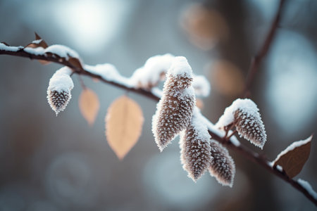Alnus glutinosa branch covered in snow against an out of focus background. shallow depth of field and selective focusの素材