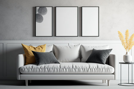 Contemporary Cozy Sofa Closeup in Front of a Blank Wall. This front-view empty wall mockup can display artwork posters decorations and interior mockupsの素材