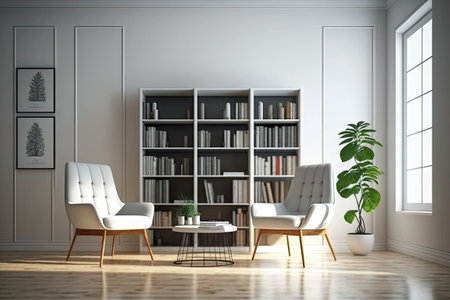 Modern waiting area with two seats a bookcase and an empty white wall. Oak parquet. home library concept. minimalism. mockupの素材