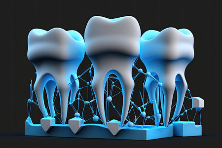 Putting three crowns on three implants represents an abstract idea. Dentures and natural teeth are seen in this diagramの素材