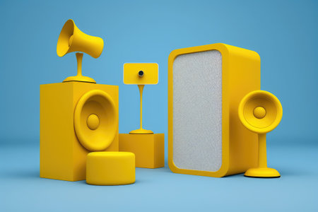 On a yellow background are blue stereo speakers and a podium. Concept with a minimum of elements. Audio enabled online news website. Advocacy via social media. Taken up with musical listeningの素材